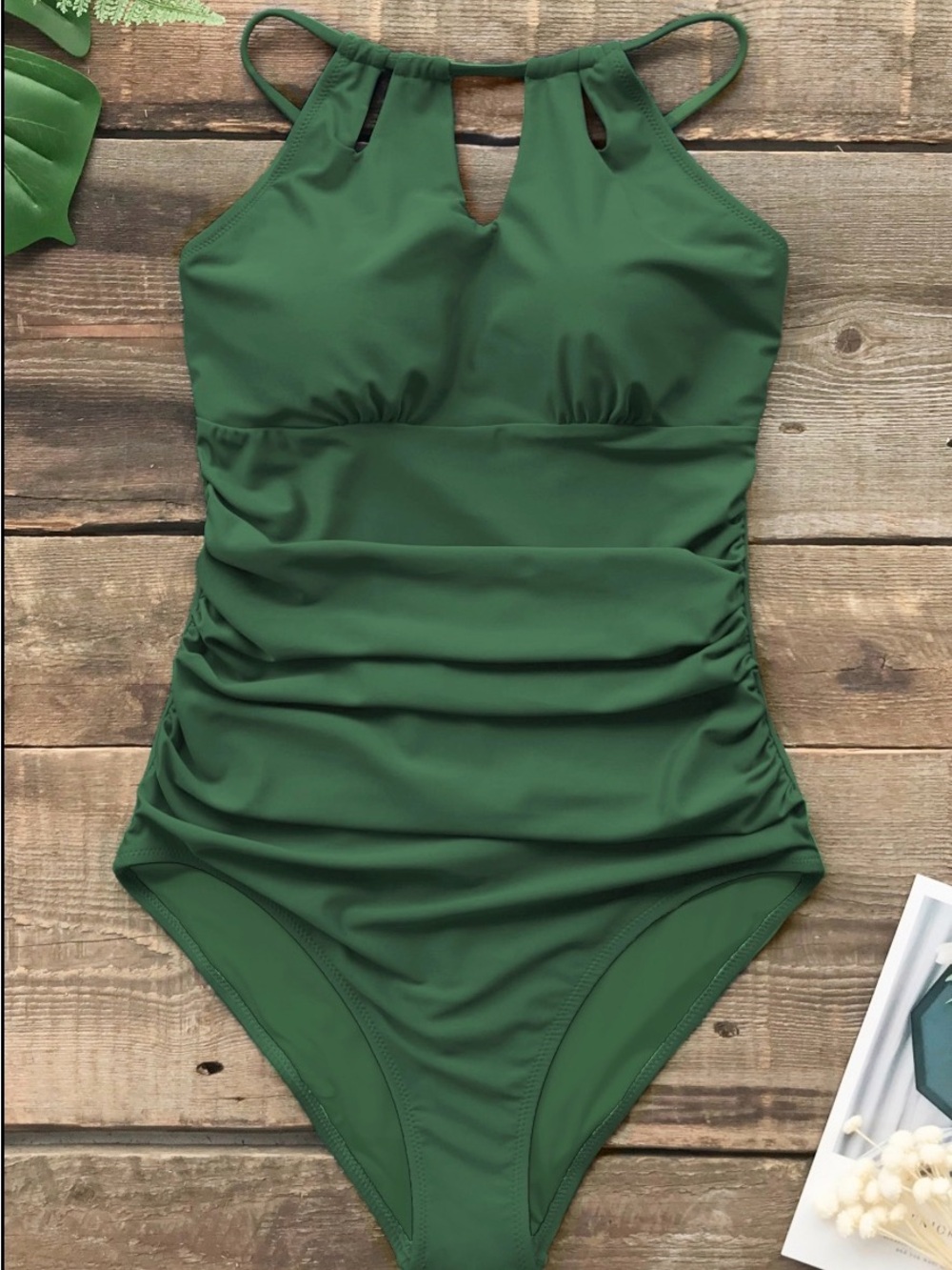 Cupshe Green Halter One-Piece Swimsuit Sz S NWT Tie Back Ruched Sides